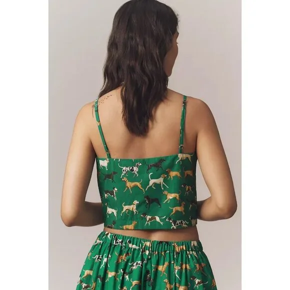 Anthropologie Maeve Straight-Neck Crop Tank Top Green Dog Print L - Picture 3 of 3